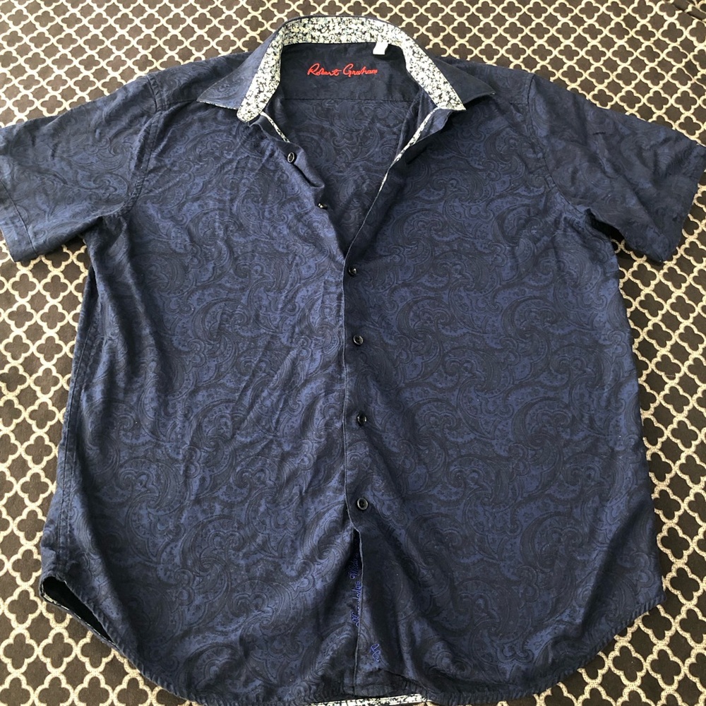 Robert Graham Mens Blue Paisley Jacquard Short Sleeve Button Shirt Sz Large N33